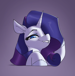 Size: 1668x1675 | Tagged: safe, artist:aquaticvibes, rarity, pony, unicorn, g4, bust, fangs, female, gradient background, horn, looking at you, mare, portrait, smiling, smiling at you, solo