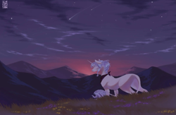 Size: 1977x1292 | Tagged: safe, artist:_.v.aporwave, oc, oc only, pony, unicorn, concave belly, ear piercing, earring, female, horn, jewelry, leonine tail, mare, mountain, mountain range, neckerchief, outdoors, piercing, scenery, shooting star, solo, tail, thin