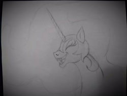 Size: 4096x3072 | Tagged: safe, artist:mjangelvortex, derpibooru exclusive, nightmare moon, alicorn, pony, mlp fim's fourteenth anniversary, g4, eyes closed, fangs, female, helmet, jewelry, mare, open mouth, regalia, sketch, solo, traditional art