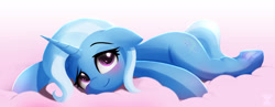 Size: 2700x1047 | Tagged: safe, artist:darksly, trixie, pony, unicorn, g4, blushing, cute, diatrixes, female, floppy ears, frog (hoof), gradient background, horn, looking at you, lying down, mare, prone, resting, smiling, smiling at you, solo, underhoof