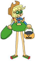 Size: 1941x3405 | Tagged: safe, artist:christian soto, applejack, equestria girls, equestria girls specials, g4, my little pony equestria girls: better together, my little pony equestria girls: forgotten friendship, applejack's beach shorts swimsuit, belly, belly button, clothes, female, flippers, goggles, halloween, hat, holiday, inner tube, kickboard, noseclip, pool toy, pumpkin bucket, simple background, solo, sunscreen, swimsuit, towel, transparent background, trick or treat, water wings