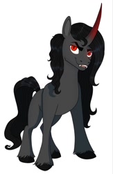 Size: 837x1280 | Tagged: safe, artist:kokorokinda, oc, oc only, oc:shade starlight, pony, unicorn, curved horn, fangs, horn, male, not king sombra, not sombra, red eyes, red horn, simple background, solo, stallion, stallion oc, unicorn oc, unshorn fetlocks, white background