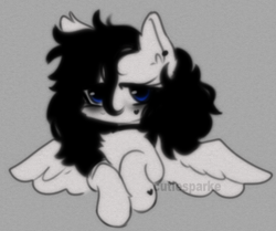 Size: 832x696 | Tagged: safe, artist:cutiesparke, oc, oc:ocean eyes, pegasus, pony, g4, bags under eyes, black mane, blue eyes, choker, ear piercing, earring, female, gray background, hoof heart, jewelry, lidded eyes, piercing, raised hoof, simple background, solo, spread wings, underhoof, white fur, wings