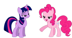 Size: 688x363 | Tagged: safe, pinkie pie, twilight sparkle, earth pony, pony, unicorn, g4, duo, duo female, female, horn, mare, simple background, transparent background, unicorn twilight