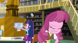 Size: 1904x1064 | Tagged: safe, screencap, cheerilee, twilight sparkle, human, equestria girls, g4, my little pony equestria girls, backpack, book, bookshelf, cheerilee is not amused, clothes, computer, duo, duo female, female, indoors, library, skirt, unamused