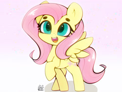 Size: 4000x3000 | Tagged: safe, artist:zokkili, fluttershy, pegasus, pony, g4, beanbrows, cute, eyebrows, female, high res, mare, open mouth, open smile, raised hoof, shyabetes, signature, smiling, solo, spread wings, wings