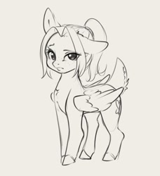 Size: 1116x1225 | Tagged: safe, artist:miokomata, oc, oc only, oc:mio, pegasus, pony, chest fluff, deer tail, eyebrows, female, grayscale, looking at you, mare, monochrome, one ear down, raised eyebrow, simple background, solo, tail, white background