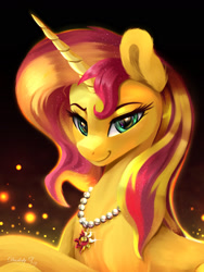 Size: 1800x2400 | Tagged: safe, alternate version, artist:darksly, sunset shimmer, pony, unicorn, g4, cutie mark accessory, cutie mark necklace, female, horn, jewelry, mare, necklace, signature, smiling, solo