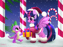 Size: 2400x1800 | Tagged: safe, alternate version, artist:darksly, spike, twilight sparkle, alicorn, dragon, pony, g4, blushing, boots, brotherly love, candy, candy cane, christmas, christmas sweater, clothes, cute, duo, duo male and female, female, food, gloves, hat, high res, holiday, horn, male, mare, night, open mouth, outdoors, santa hat, shoes, sibling love, signature, snow, spikabetes, spikelove, spread wings, stars, sweater, twiabetes, twilight sparkle (alicorn), wingless spike, wings, winter