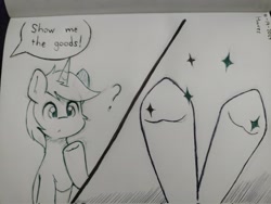 Size: 2048x1538 | Tagged: safe, artist:taurson, oc, oc only, oc:coffee, pony, unicorn, dialogue, hooves, horn, male, oc-tober, offscreen character, pen drawing, question mark, show me the goods, solo, sparkles, speech bubble, stallion, traditional art, underhoof