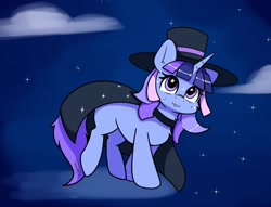 Size: 1940x1484 | Tagged: safe, artist:taurson, oc, oc only, oc:flawless sparklemoon, pony, unicorn, my little pony the movie: the death of twilight sparkle, cape, clothes, female, fusion, fusion:trixie, fusion:twilight sparkle, fusion:twixie, hat, horn, looking at you, mare, outdoors, smiling, smiling at you, solo, top hat