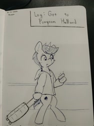 Size: 1538x2048 | Tagged: safe, artist:taurson, oc, oc only, oc:coffee, pony, unicorn, bipedal, clothes, grayscale, hoodie, horn, male, monochrome, oc-tober, pen drawing, solo, stallion, suitcase, traditional art