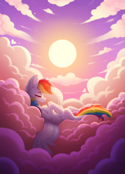 Size: 2575x3591 | Tagged: safe, artist:viryav, rainbow dash, pegasus, pony, g4, backlighting, blushing, chest fluff, cloud, colored wings, ear fluff, eyes closed, female, heart, heart cloud, high res, lying down, mare, on a cloud, on back, outdoors, side view, sky, sleeping, sleeping on a cloud, solo, spread wings, sun, sunset, two toned wings, wings