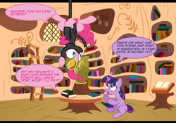 Size: 1197x837 | Tagged: safe, artist:fluttershysfan, pinkie pie, twilight sparkle, earth pony, pony, unicorn, g4, :o, cropped, duo, duo female, female, goggles, golden oaks library, horn, indoors, ninja, open mouth, pinkie spy, speech bubble