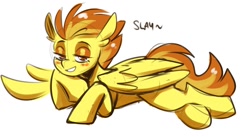 Size: 1166x637 | Tagged: safe, artist:lrusu, spitfire, pegasus, pony, g4, bedroom eyes, blushing, bust, dialogue, looking at you, lying down, portrait, simple background, white background