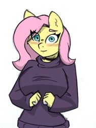 Size: 680x901 | Tagged: safe, artist:pace-maker, fluttershy, anthro, g4, blushing, breasts, bust, busty fluttershy, choker, chokershy, clothes, eye clipping through hair, looking at you, simple background, smiling, smiling at you, solo, sweater, sweatershy, white background