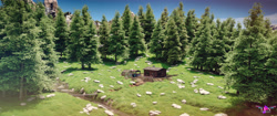 Size: 5156x2160 | Tagged: safe, artist:lux le pegase, comic:a storm's lullaby, 3d, blender, blender cycles, bridge, cabin, cycles render, fanfic art, grass, mountain, natural, outdoors, photorealistic, pin, realistic, river, rock, scenery, signature, spring, tree, water