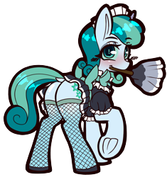 Size: 1993x2123 | Tagged: safe, artist:chiefywiffy, oc, oc only, oc:prixy, pony, unicorn, clothes, colored sclera, commission, dress, duster, female, fishnet clothing, fishnet stockings, horn, maid, maid headdress, mare, neck bow, rear view, simple background, solo, stockings, thigh highs, transparent background, ych result