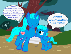 Size: 2592x1960 | Tagged: safe, artist:memeartboi, pegasus, pony, unicorn, g4, affection, beautiful, bonding, colt, cute, duo, duo male and female, female, foal, gumball watterson, happy, heart, heartwarming, horn, hug, hugging a pony, little boy, male, mare, mother, mother and child, mother and son, motherly, motherly love, nicole watterson, outdoors, pegasus wings, ponified, smiling, speech bubble, standing, text, the amazing world of gumball, tree, unicorn horn, wholesome, wings