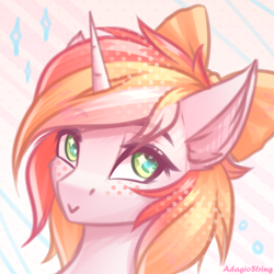 Size: 2000x2000 | Tagged: safe, artist:adagiostring, oc, oc only, alicorn, bow, bust, commission, cute, female, funny, hair bow, headshot commission, looking at you, portrait, smiling, smiling at you, solo