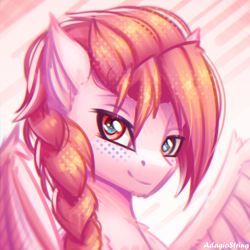 Size: 2000x2000 | Tagged: safe, artist:adagiostring, oc, oc only, pegasus, pony, bust, commission, femboy, headshot commission, looking at you, male, pegasus oc, ponified, portrait, red hair, simple background