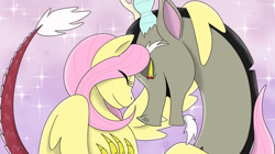 Size: 750x421 | Tagged: safe, artist:hahstudios, discord, fluttershy, draconequus, pegasus, pony, g4, duo, duo male and female, embrace, eye clipping through hair, eyes closed, female, head to head, hug, male, mare, misleading thumbnail, not what it looks like, open mouth, ship:discoshy, shipping, sparkles, spread wings, straight, wing on head, wing on neck, winghug, wings, wrapped wings