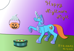 Size: 5000x3500 | Tagged: safe, artist:atrianas, oc, oc:candle light, unicorn, mlp fim's fourteenth anniversary, candy, food, gradient background, halloween, holiday, horn, jack-o-lantern, magic, night, nightmare moon armor, nightmare night, pumpkin, simple background, telekinesis