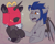 Size: 2500x2000 | Tagged: safe, artist:lionbun, oc, oc only, oc:dusk blade, oc:penumbra shard, bat pony, pony, unicorn, bag on head, commission, confused, duo, female, happy meal, horn, male, mare, mcdonald's, smug, stallion