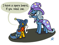 Size: 2800x2100 | Tagged: safe, artist:mafon, trixie, pony, unicorn, g4, clothes, costume, duo, halloween, halloween costume, holiday, horn, nightmare night, nightmare night costume, simple background, star swirl the bearded costume, transparent background, trixie is not amused, unamused