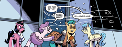 Size: 1609x624 | Tagged: safe, idw, official comic, hitch trailblazer, earth pony, pegasus, pony, unicorn, g5, my little pony: the storm of zephyr heights, official, the storm of zephyr heights #2, spoiler:comic, spoiler:g5, spoiler:g5comic, clothes, female, horn, male, mare, scarf, stallion, unnamed character, unnamed pony