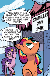 Size: 716x1089 | Tagged: safe, idw, official comic, pipp petals, sunny starscout, earth pony, pegasus, pony, g5, my little pony: the storm of zephyr heights, official, the storm of zephyr heights #2, spoiler:comic, spoiler:g5, spoiler:g5comic, cloud, cloudsdale, crown, day, female, green eyes, implied somnambula, jewelry, mane stripe sunny, mare, no mouth, orange coat, outdoors, pink coat, purple mane, purple tail, regalia, sky, tail, talking, walking