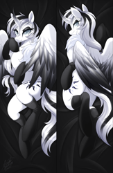 Size: 937x1438 | Tagged: safe, artist:scarlet-spectrum, oc, oc only, oc:queen nevermore, alicorn, pony, g4, antagonist, beautiful, body pillow, body pillow design, colored wings, commission, curved horn, cute, dakimakura cover, dark background, detailed, detailed hair, evil, evil smile, eyeshadow, facing away, female, folded wings, full body, goth, gothic, helmet, horn, jewelry, looking at you, lying down, makeup, mare, mare oc, necklace, oc villain, queen, raised hoof, regalia, seductive look, shading, signature, smiling, solo, tall, two toned mane, two toned wings, villainous, wings