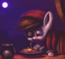 Size: 2581x2323 | Tagged: safe, artist:grissaecrim, pipsqueak, earth pony, pony, g4, colt, commission, cute, detailed, eating, foal, food, male, moon, night, pasta, pipsqueak eating spaghetti, sky, solo, spaghetti, squeakabetes, stars