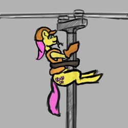 Size: 512x512 | Tagged: safe, artist:anonymous, fluttershy, pegasus, pony, g4, belt, clothes, drawthread, engineer, female, gloves, hard hat, hat, holding on, mare, mouth hold, outdoors, pole, power line, pun, requested art, utility pole, vest, visual pun, wrench