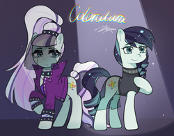 Size: 2900x2261 | Tagged: safe, artist:goldenage2049, coloratura, earth pony, pony, g4, choker, clothes, countess coloratura, dress, duality, duo, duo female, female, jacket, leather, leather jacket, mare, raised hoof, rara, self paradox, self ponidox, skirt, spiked choker, spiked wristband, spotlight, wristband