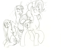 Size: 2190x1806 | Tagged: safe, artist:prismspark, pinkie pie, rarity, twilight sparkle, earth pony, pony, unicorn, g4, alternate hairstyle, bag, emanata, floppy ears, holding hooves, horn, looking at someone, magic, newbie artist training grounds, pencil drawing, pinkamena diane pie, saddle bag, simple background, sitting, smiling, surprised, traditional art, walking, white background