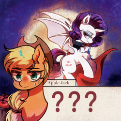 Size: 2048x2048 | Tagged: safe, artist:tkotu434, applejack, rarity, alicorn, bat pony, bat pony alicorn, earth pony, pony, g4, apple, basket, bat ponified, bat wings, bust, cape, clothes, duo, fangs, female, food, freckles, grimace, halloween, hat, holiday, horn, mare, moon, night, question mark, race swap, raribat, red eyes, spread wings, sweat, sweatdrop, text, wings