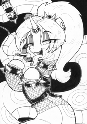 Size: 3238x4629 | Tagged: safe, artist:whiskeypanda, oc, oc:lumo, lamia, original species, snake, snake pony, clothes, collar, commission, ear piercing, eyeshadow, fangs, fishnet clothing, forked tongue, grayscale, headband, horn, horn ring, ink drawing, jewelry, lidded eyes, looking at you, makeup, microphone, monochrome, open mouth, piercing, punk, raised eyebrows, ring, shirt, signature, simple background, singing, solo, spiked collar, spiked headband, spiked wristband, spikes, t-shirt, tongue out, traditional art, wristband