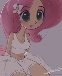 Size: 1353x1637 | Tagged: safe, artist:sverre93, fluttershy, human, g4, belly, belly button, breasts, cleavage, clothes, dress, female, human female, humanized, midriff, sketch, solo