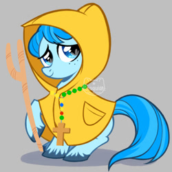 Size: 1240x1240 | Tagged: safe, artist:enochian, earth pony, pony, g4, cane, cross, cross necklace, fanart, female, filly, foal, full body, gray background, jewelry, jubilee 2025, luce, meme, necklace, ponified, ponified meme, raincoat, simple background, solo, unshorn fetlocks, vatican, watermark