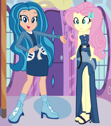 Size: 2500x2822 | Tagged: safe, artist:amante56, artist:skyfallfrost, artist:user15432, fluttershy, human, equestria girls, g4, bare shoulders, base used, belt, blue dress, boots, carousel boutique, clothes, crossover, dress, duo, equestria girls style, equestria girls-ified, feet, female, geode of fauna, hand on hip, high heel boots, high heels, indoors, jacket, jewelry, magical geodes, necklace, open mouth, open smile, rainbow high, sandals, shoes, skyler bradshaw, smiling, socks, strapless