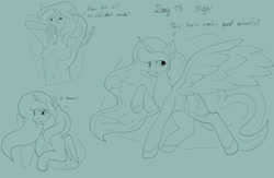 Size: 2000x1302 | Tagged: safe, artist:dexterthekobold, princess luna, alicorn, human, pony, g4, female, human to pony, monochrome, raised hoof, sketch, sleepy, transformation