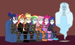 Size: 3783x2267 | Tagged: safe, artist:bugssonicx, applejack, fluttershy, pinkie pie, rainbow dash, rarity, sci-twi, sunset shimmer, twilight sparkle, ghost, human, undead, equestria girls, g4, arm behind back, bondage, bound and gagged, cloth gag, clothes, couch, emanata, footed sleeper, footie pajamas, gag, glasses, hair bun, halloween, holiday, holiday themed sleepwear, humane five, humane seven, humane six, nightgown, one eye closed, onesie, oracle, ouija board, over the nose gag, pajamas, rope, rope bondage, sitting, sleep mask, sleepover, slumber party, socks, spirit, sunset's apartment, sunsets apartment, sweat, sweatdrops, teary eyes, tied up