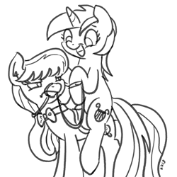 Size: 800x800 | Tagged: artist needed, safe, lyra heartstrings, octavia melody, earth pony, pony, unicorn, g4, black and white, bowtie, bridle, drawthread, duo, female, grayscale, horn, lineart, lyra riding octavia, mare, monochrome, octavia is not amused, open mouth, open smile, ponies riding ponies, requested art, riding, riding a pony, signature, simple background, smiling, standing, tack, unamused, white background