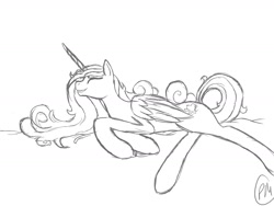 Size: 1600x1200 | Tagged: artist needed, safe, princess cadance, alicorn, pony, g4, black and white, drawthread, eyes closed, female, grayscale, grin, lineart, lying down, mare, monochrome, signature, simple background, smiling, solo, unfinished art, white background