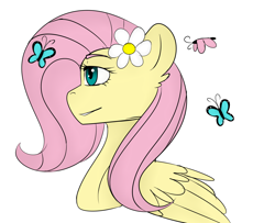 Size: 1600x1300 | Tagged: safe, artist:thecringeypone, fluttershy, butterfly, pony, g4, bust, flower, flower in hair, portrait, simple background, solo, white background