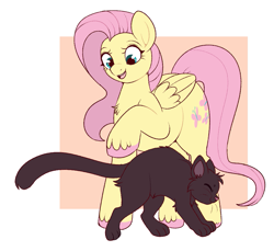 Size: 1013x927 | Tagged: safe, artist:lulubell, fluttershy, cat, pegasus, pony, g4, black cat, cute, eyes closed, female, happy, mare, open mouth, open smile, passepartout, raised hoof, shyabetes, smiling, solo