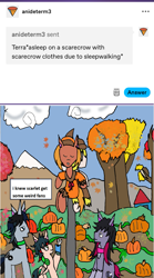 Size: 1177x2114 | Tagged: safe, artist:ask-luciavampire, oc, earth pony, pegasus, pony, unicorn, ask, autumn, autumn leaves, horn, leaves, pumpkin, scarecrow, tumblr