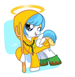 Size: 682x700 | Tagged: safe, artist:咕某人r, oc, oc only, pegasus, pony, g4, ;d, abstract background, boots, cane, clothes, cosplay, costume, cross, cross necklace, dirty, female, filly, foal, full body, halo, holding, jewelry, luce, necklace, one eye closed, open mouth, open smile, ponified, raincoat, shoes, show accurate, signature, simple background, smiling, solo, the vatican pony, vatican, white background, wink