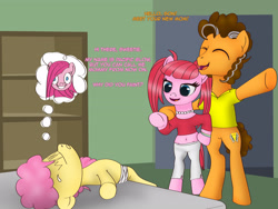 Size: 3072x2304 | Tagged: safe, artist:anonymousandrei, derpibooru exclusive, cheese sandwich, li'l cheese, pacific glow, pinkie pie, earth pony, pony, comic:life of li'l cheese, g4, bedroom, bipedal, colt, dialogue, faint, father and child, father and son, female, foal, indoors, male, mare, older, older cheese sandwich, older pinkie pie, pacificheese, pinkamena diane pie, ptsd, stallion, stepmother, straight, talking, thought bubble, trio